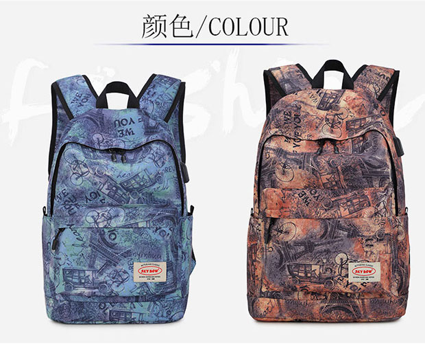 韩流印花USB充电学生双肩书包颜色展示