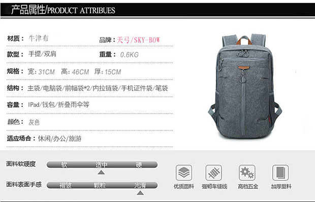 休闲男士电脑双肩包参数