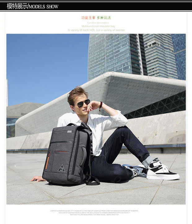 欧美时尚多功能男士电脑双肩包模特展示